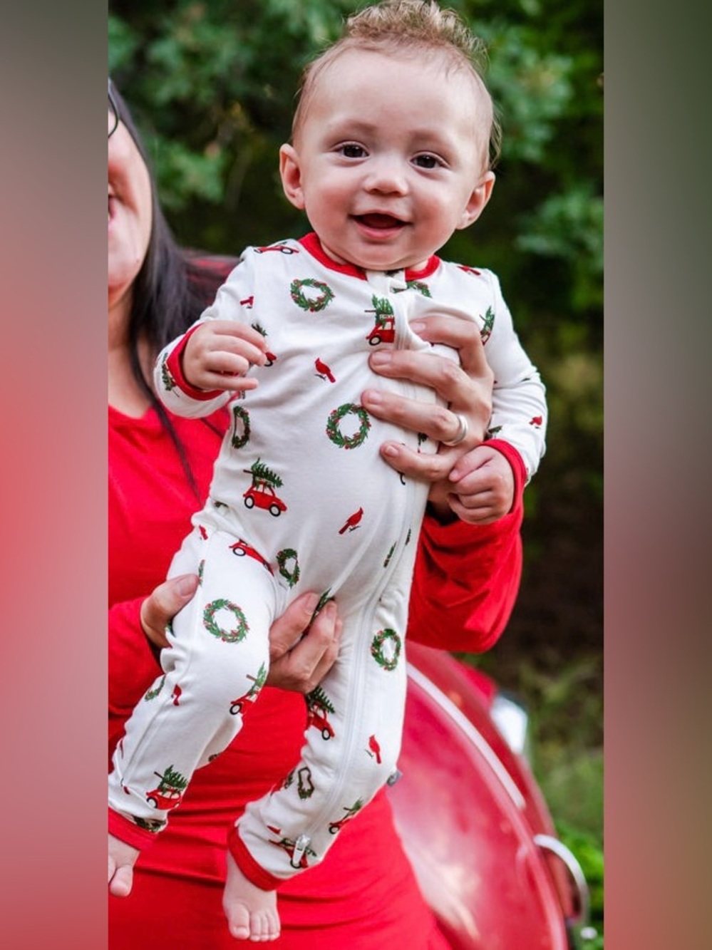 Kyte BABY White One-Piece with Red Trim and Holiday Car Print